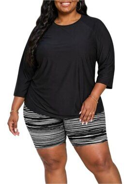 Inno Plus Size 1X Swimwear Set Short Sleeve Rash Guard Striped Boyshorts UPF 50+